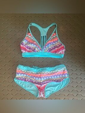 Title Nine Turquoise Multicolor Patterned Bikini Set boy shorts sz medium M